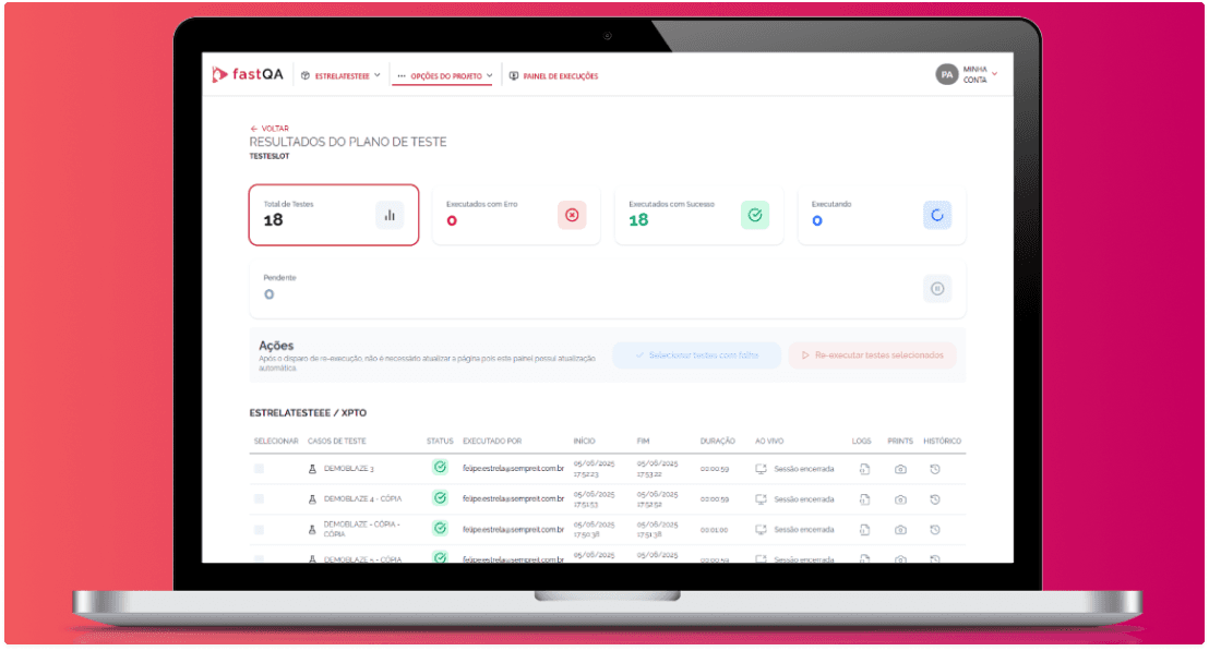 Interface de automação de testes da RedWolf AI exibida em um notebook